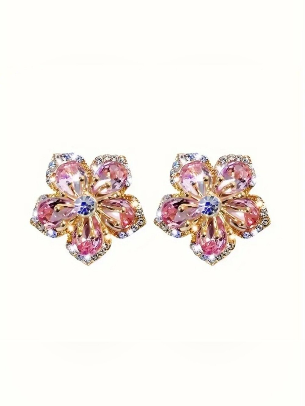 Gold-Plated Pink Flower Crystal Stud Earrings - Elegant Women's Jewelry - Picture 3 of 5